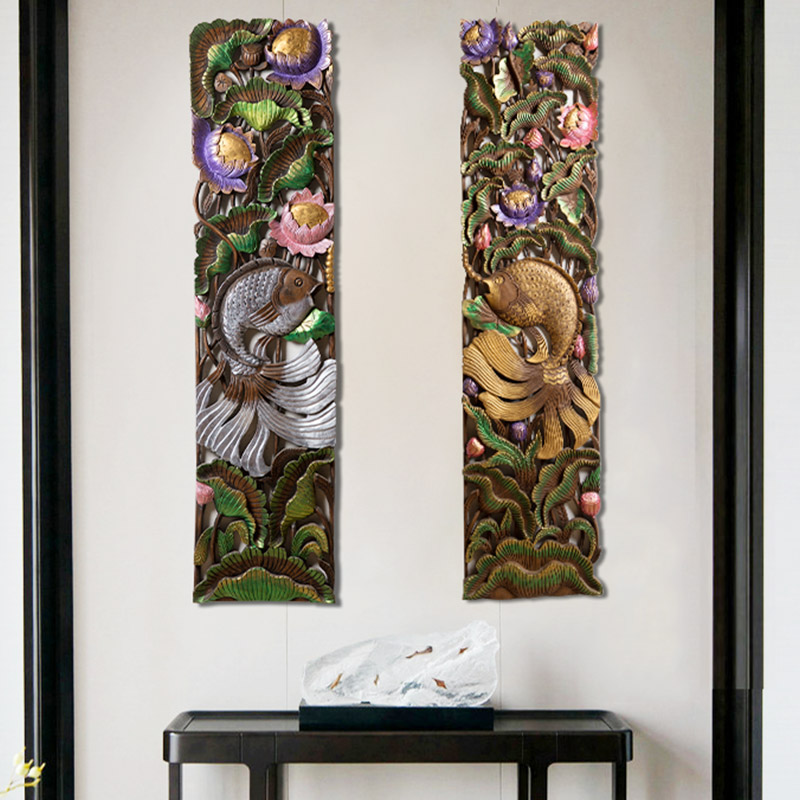 速发墙丽泰国实鱼木异面装饰品挂件客厅电视背景新中式墙饰年年有