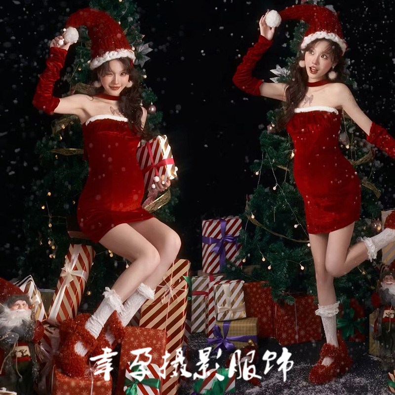速发孕照妇圣诞主题服装红色抹胸裙甜美风孕妈咪氛围感艺术照摄影