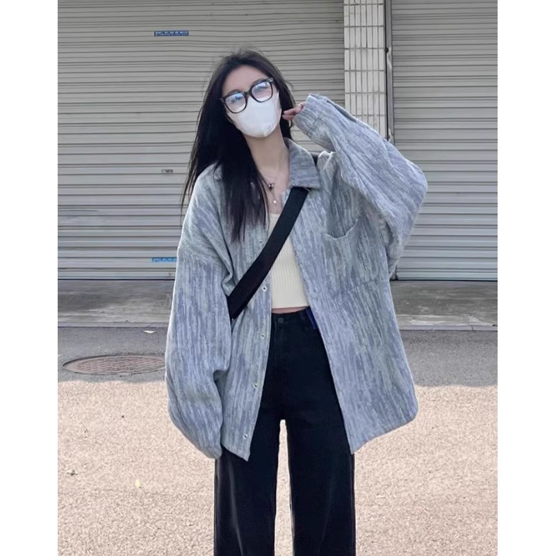 速发美式复古牛仔众套春秋新款i计感小外宽松v设tage夹克上衣