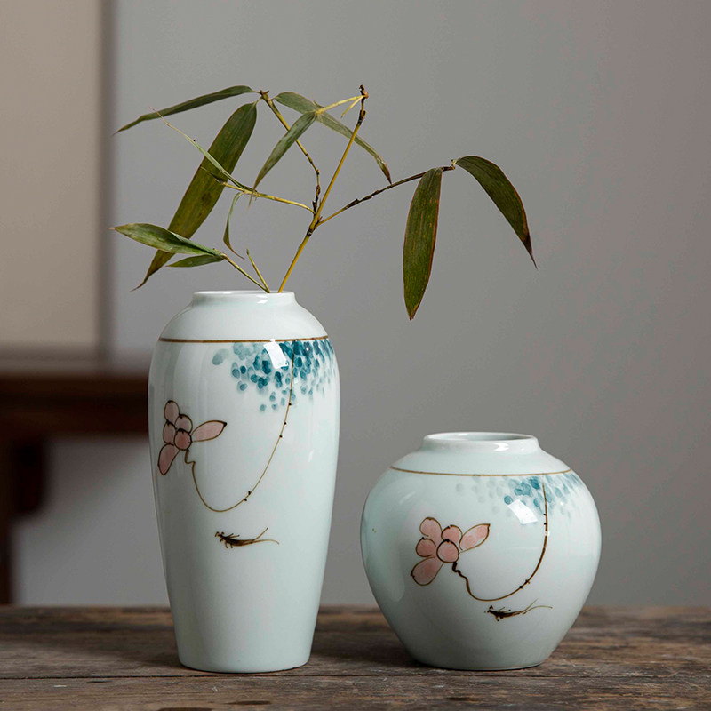 速发手花摆花陶瓷迷你小绘瓶新中式莲件客厅创意荷花瓶插花干花艺