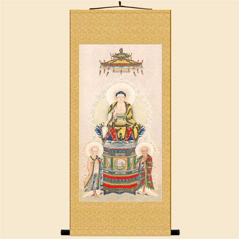 速发高清释者牟尼佛像画轴阿难迦叶尊迦如来佛祖挂图 绢布卷 挂画