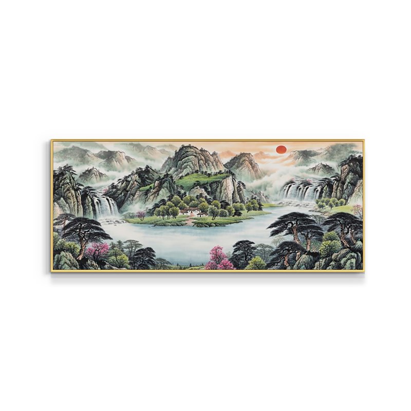 速发旭日东升聚宝盆国画客厅沙发背景墙装饰画办公室镇宅招财山水