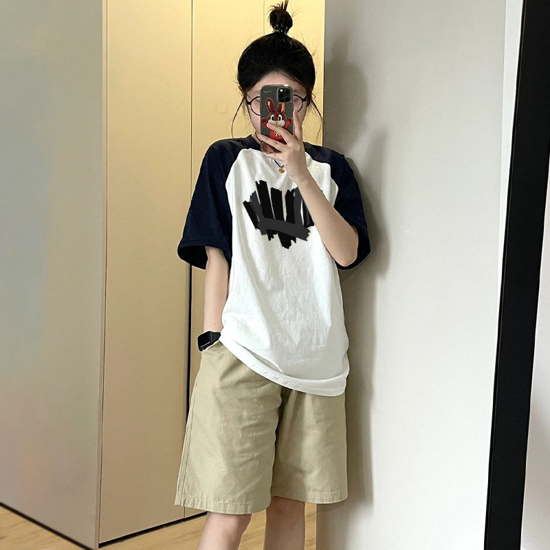速发季版插肩袖t恤设计感黑白拼松宽色体恤衫夏韩2024新款上衣