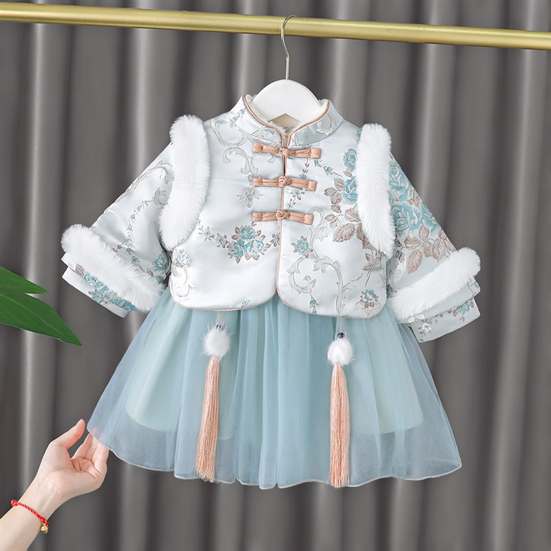 速发小孩汉服加绒套装洋气宝宝两冬季年款连衣裙唐装拜新服秋件套