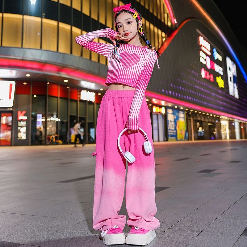 速发秀爵士舞服装多巴胺露脐连袖上衣套装少儿ja服z走孩练功z演出