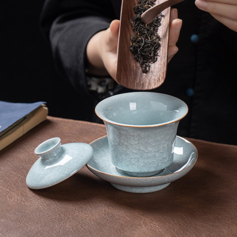 速发汝窑盖碗茶杯三才泡茶碗开片冰花釉功夫茶具敬茶碗家用泡茶器