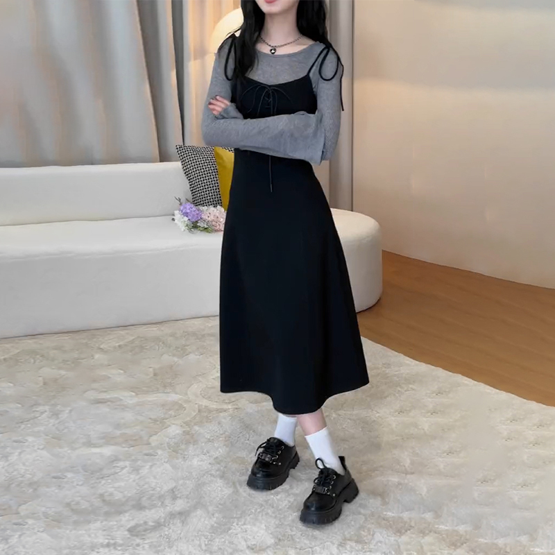 速发小香赫本风黑色连带子衣裙子2024新款初套装长裙小个吊穿搭