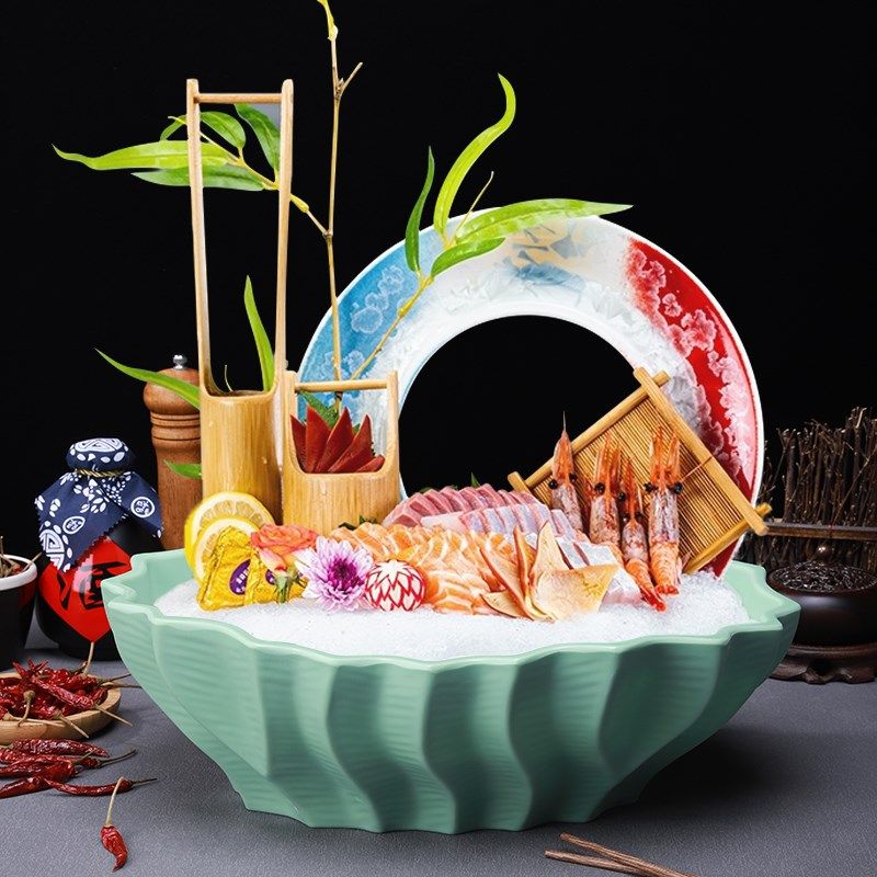 速发密鱼创意酒店刺身盘鲜境菜摆盘海意拼盘三文鱼盘胺生盘干冰盘