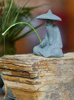 速发姜太公钓鱼假山水景摆件流水人物生态鱼缸内装饰造渔翁微景品