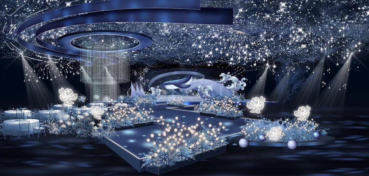 蓝色星空婚礼效果图ps源文件素材婚庆舞台吊顶星光布幔设计HL1026