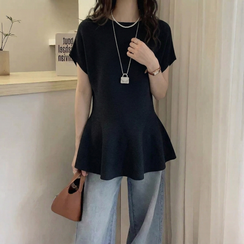 黑色冰丝针织短袖T恤女2026新款夏季大尺码胖mm收腰荷叶边下摆上