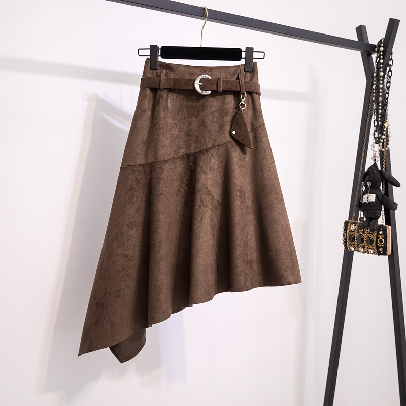 大码微胖mm美拉德咖色麂皮半身裙女秋冬高腰显瘦不规则中长款裙子