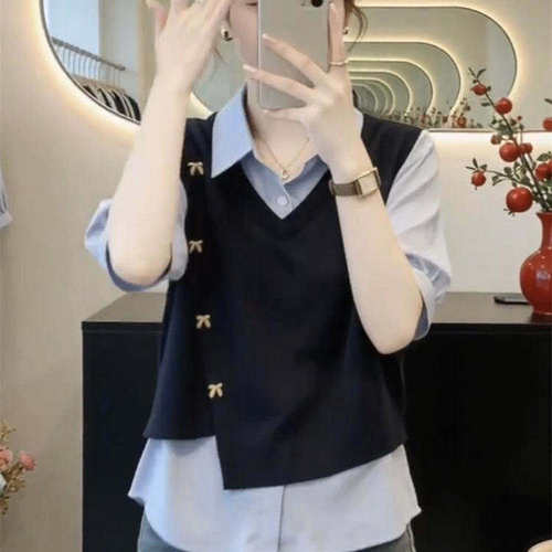 设计感假两件短袖衬衫女夏季
