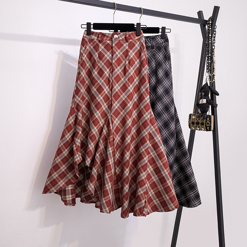 大码胖mm红色复古不规则毛呢格子半身裙女秋冬高腰格纹a字长裙子