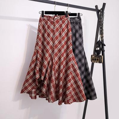 大码胖mm红色复古不规则毛呢格子半身裙女秋冬高腰格纹a字长裙子