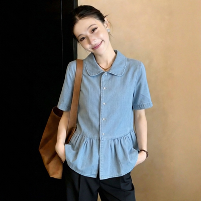 蓝色polo衫翻领短袖衬衫女夏季