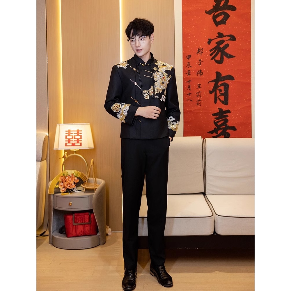 日本品质新中式男装中山装男士结婚西服套装婚礼新郎礼服订婚婚服