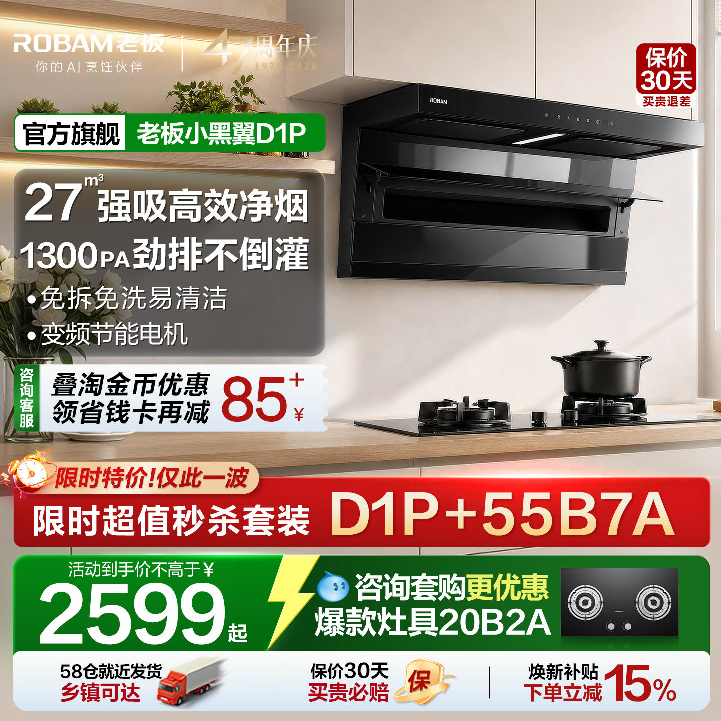 老板小黑翼D1P顶侧双吸油烟机