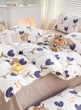 田园小超花柔软双层纱床上四件碎套水洗棉亲肤裸睡宿舍DJE单床三