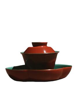 故红小海棠果壶承鎏金红釉色陶瓷宫具本金茶托盘干泡盘盘文AFD人