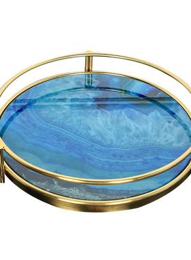 北欧轻奢金居属玛瑙收石纹托盘茶盘几纳茶装饰TP-0001品摆件家工