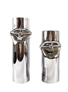 现代简约欧式圆柱夹扁造型玻璃花瓶花器摆件样板房售楼处软装饰品