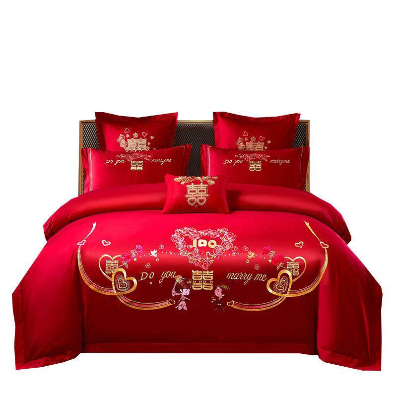 龙凤刺绣婚庆四件套大红色结婚多件套新婚床单被套婚礼床上用品