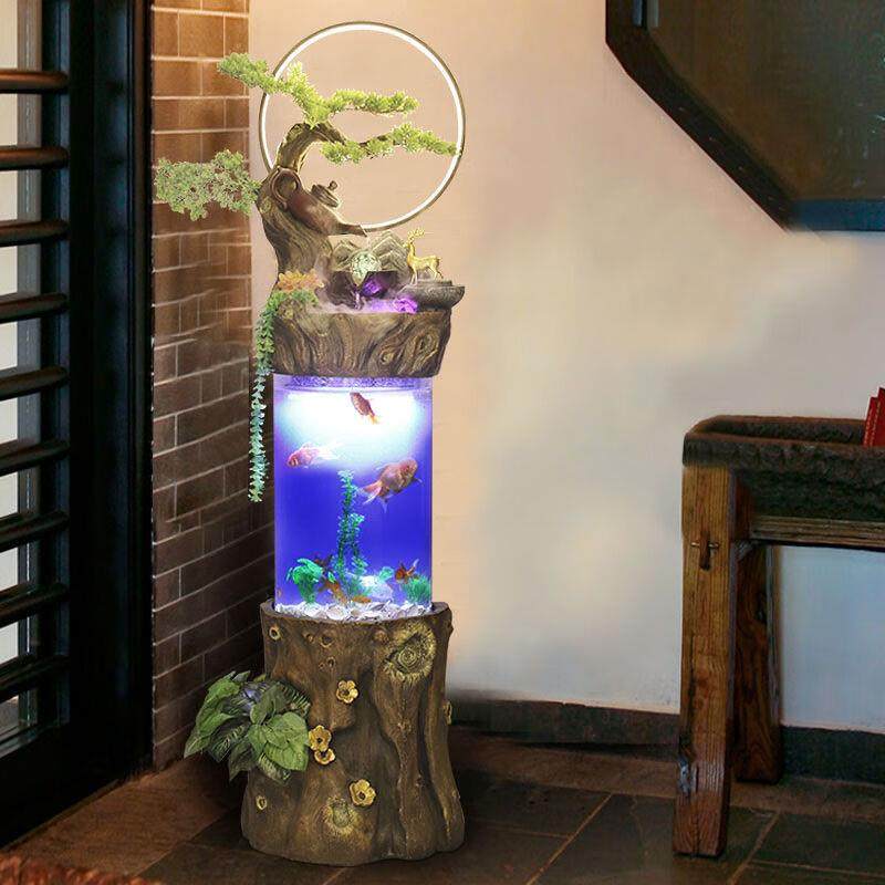 水渡烟云新中式生态流水喷泉风车超白鱼缸客厅店铺摆件装饰水轮工