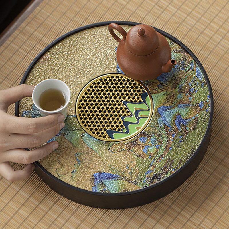 圆形仿乌金石茶盘茶海储排两用轻奢沥水简约小型干泡台家用托盘