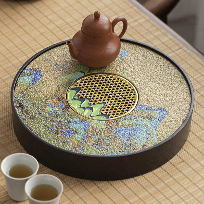 圆形仿乌金石茶盘茶海储排两用轻奢沥水简约小型干泡台家用托盘