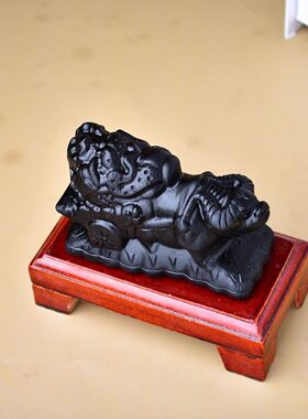 天然黑曜石牛拉白菜摆件
