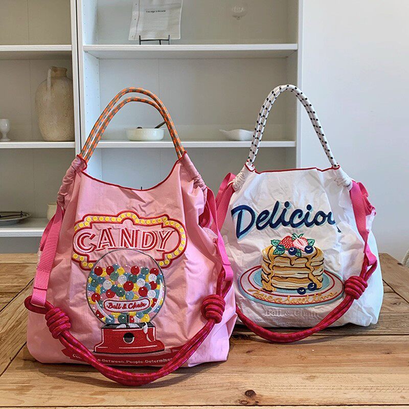 日本代购糖果机ball chain刺绣尼龙手提购物袋女单肩包斜挎环保袋