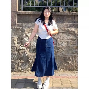 速发特大码装复古腰叉半身裙梨胯身材高开遮型a字中长裙子