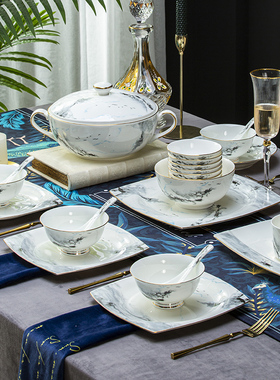 速发景德镇手工描档碗碟套高家用装金骨瓷餐具碗盘组合轻奢乔迁送