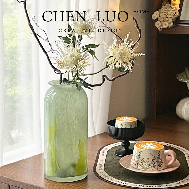 辰罗·绿色玉感琉璃花瓶摆件客厅插花水培百合鲜花玻璃花器新中式