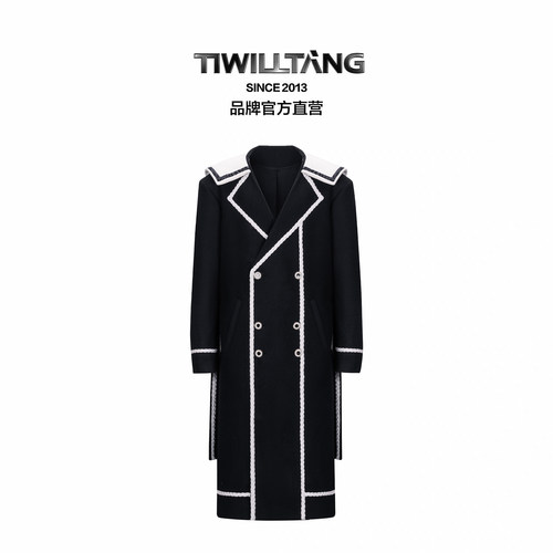 TIWILLTANG“舷舢秩海”海军领拉链大衣冬长款收腰毛呢外套