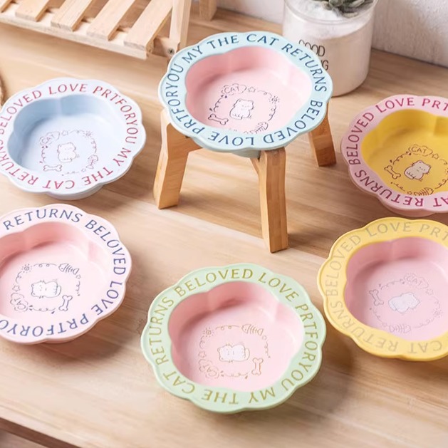 花边宠物碗狗粮碗猫碗陶瓷木架防打翻防黑下巴喂水碗猫狗食盆猫碗