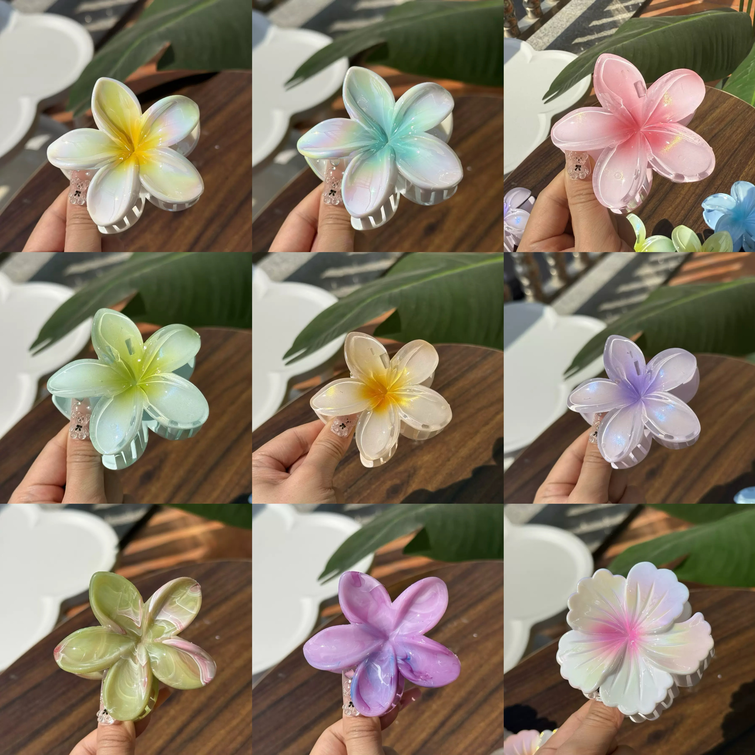 夏彩色鸡蛋花抓夹高级感彩色花朵鲨鱼夹后脑勺发夹女渐变发卡