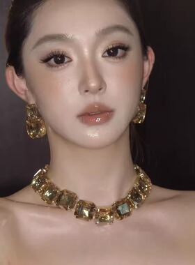 超闪公主水滴水钻项链耳环套装女轻奢小众高级感夸张新娘礼服配饰