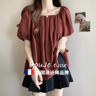褶皺娃娃衫 法國(guó)Rouje tusse大碼 泡泡袖 甜美洋氣減齡寬松遮肚上衣