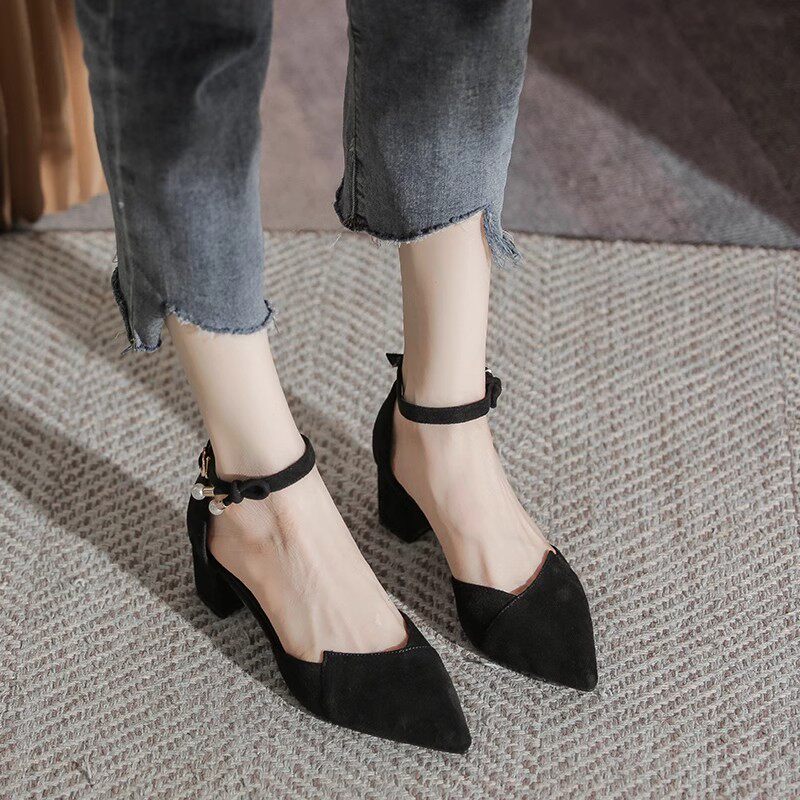 法式尖头单鞋女2025夏季新款粗跟高跟鞋韩版百搭绝美配裙子仙女鞋