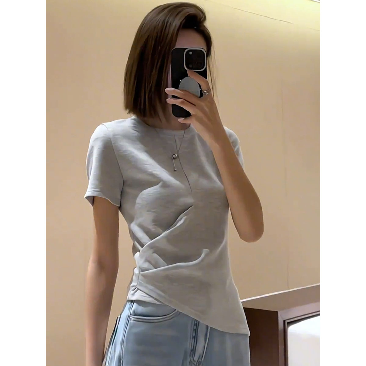 韩版设计感小众不规则正肩T恤衫女夏款洋气减龄收腰显瘦气质上衣