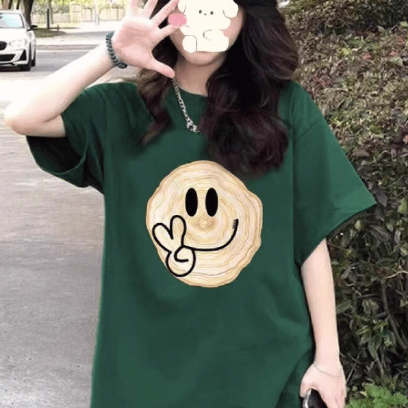 墨绿色短袖T恤女士2024新款夏季宽松遮屁股大码纯棉小众半袖上衣
