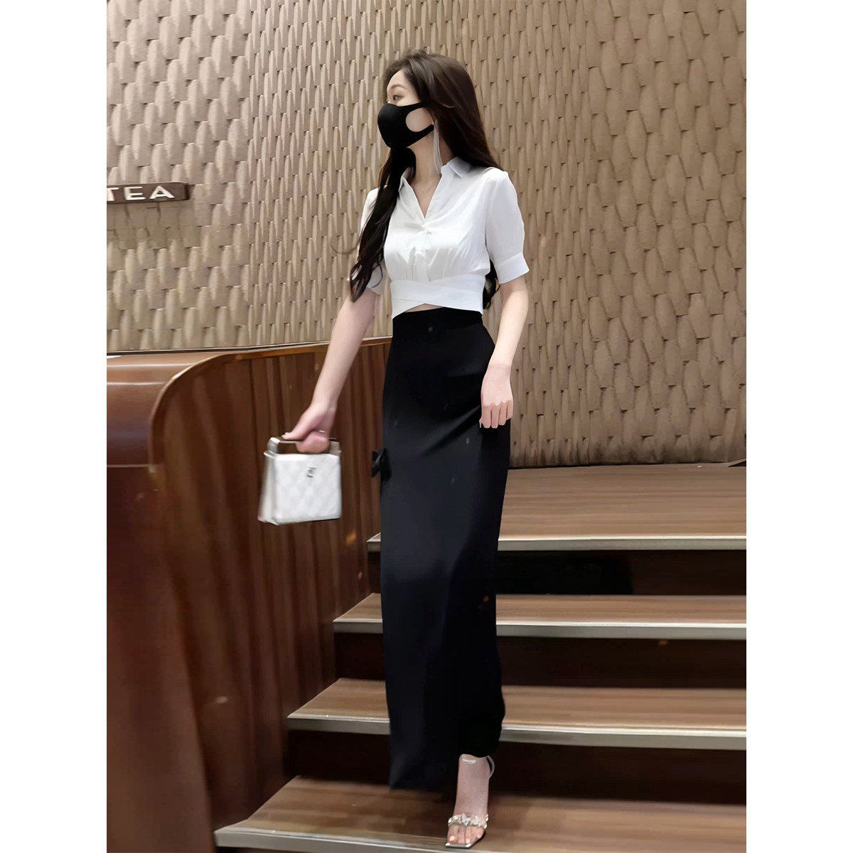 潮牌2025夏季新款女装法式气质v领衬衫上衣高腰黑色开叉长裙套装