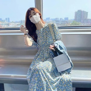 初恋雪纺泡泡袖 欧洲站法式 碎花连衣裙女夏甜美收腰显瘦气质长裙子