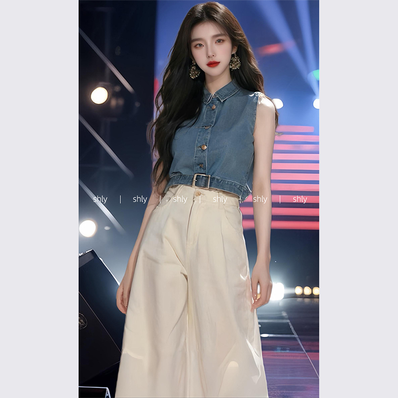 shly夏装搭配一整套2024新款女装名媛高端牛仔无袖衬衫阔腿裤套装