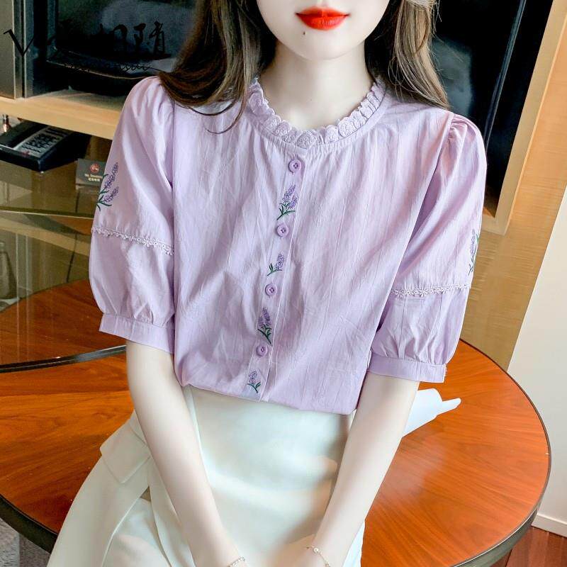 香港TIMO夏季新款时尚减龄刺绣纯棉衬衫女洋气全棉泡泡袖宽松上衣