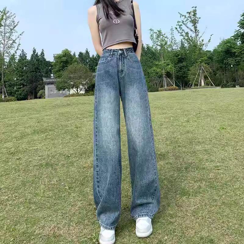 复古高腰直筒牛仔裤女夏季薄款小个子阔腿宽松显瘦垂感拖地长裤子