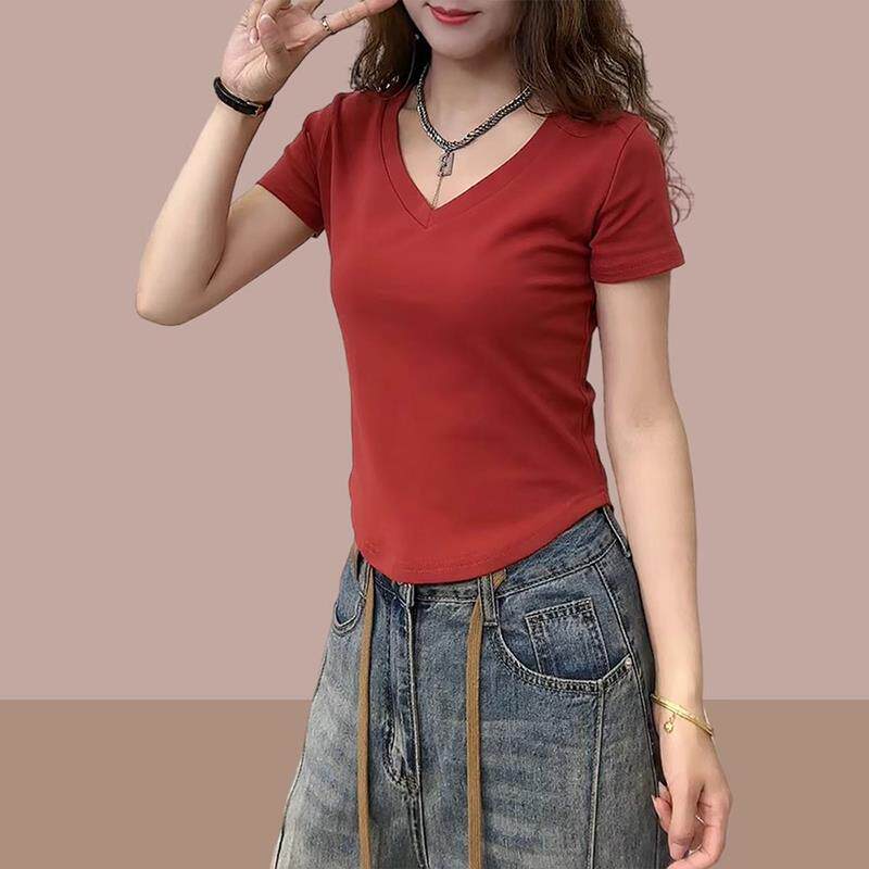 冰丝女士短袖t恤2024年夏季新款短款小个子修身显瘦V领上衣服爆款