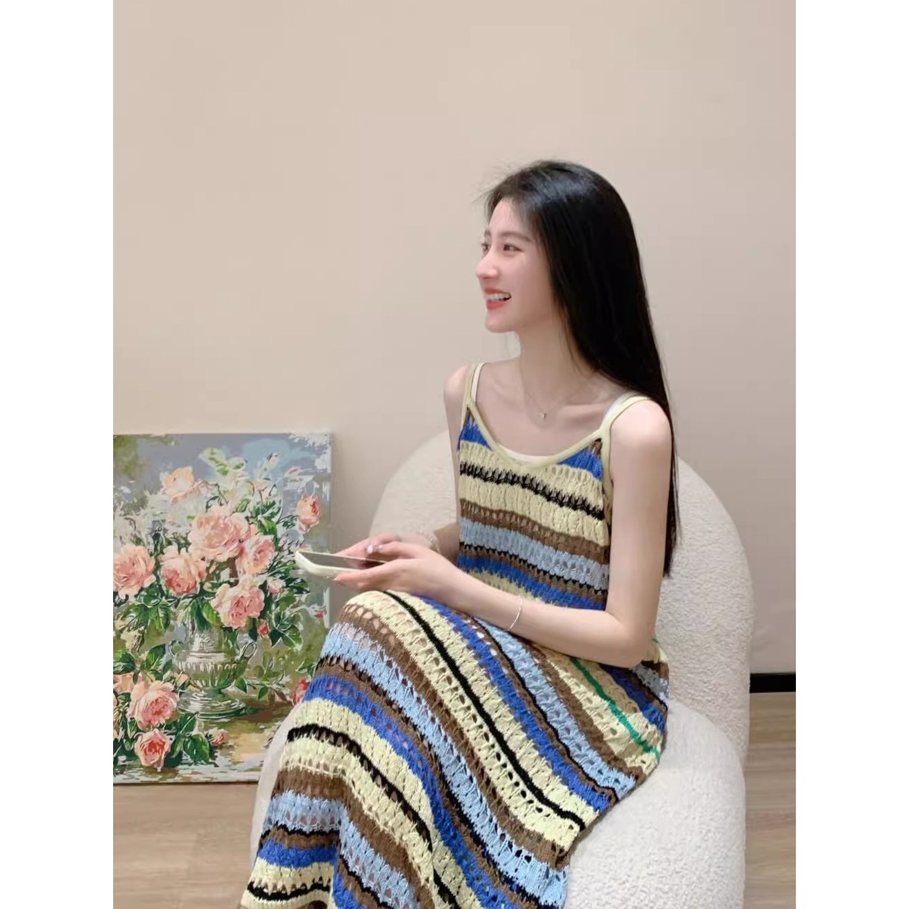 FAshi 彩虹条纹吊带连衣裙女夏海边度假慵懒风休闲气质法式长裙子
